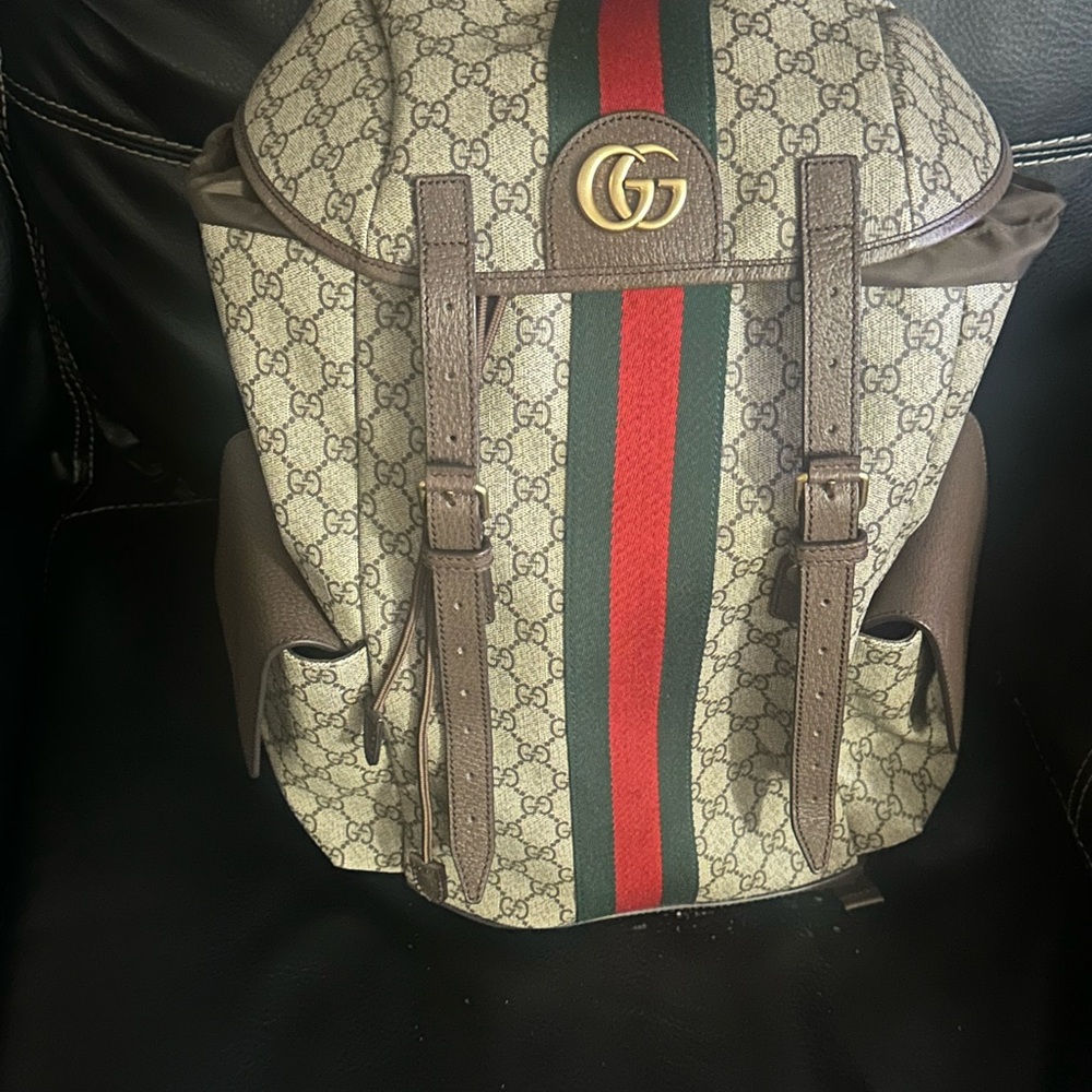 Gucci Beige and Brown Backpack with Red and Green Stripe